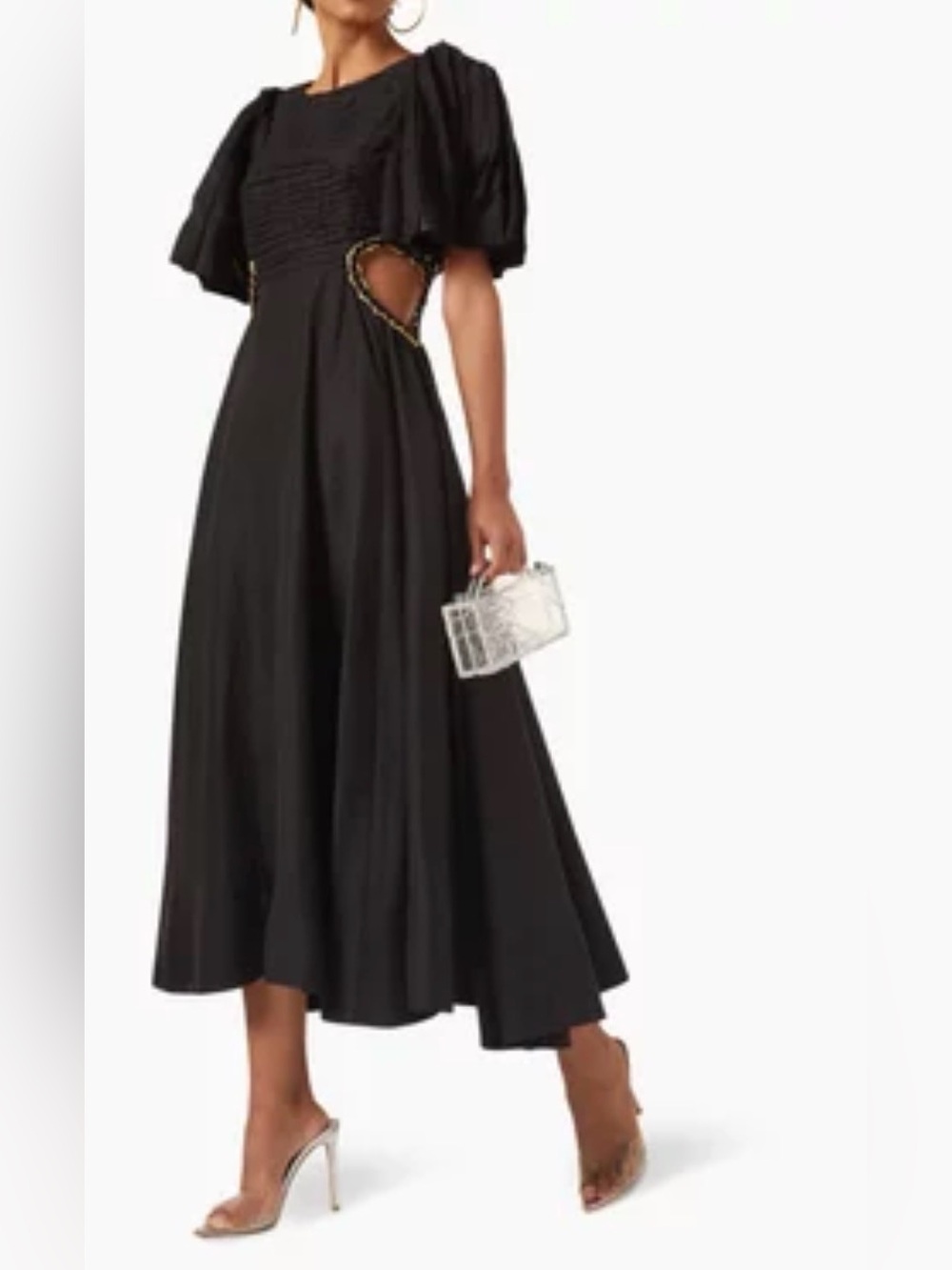 Aje Black Midi Dress with Puff Sleeves and Side Cutouts
